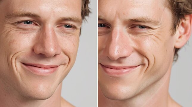 Serene Expression: A close-up split composition of a man's face, displaying a subtle smile and revealing a natural, gentle presence.