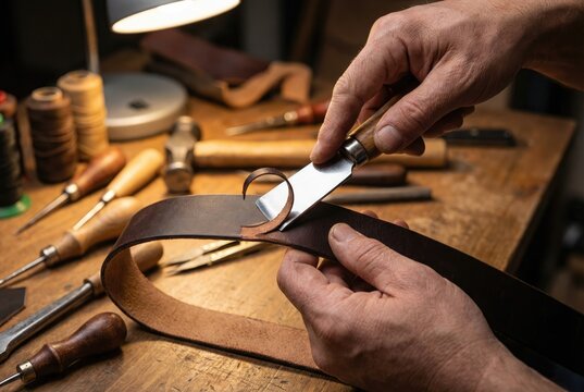 Artisan using a skiving tool to bevel the edge of a leather belt