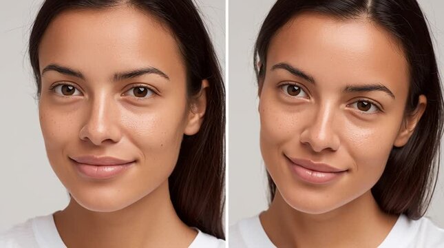Unveiling Transformation: A striking portrait showcasing before and after skincare, capturing a woman's natural beauty and radiance. 