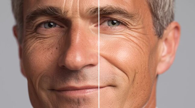 The Evolution of Appearance: A captivating split image revealing the remarkable transformation of a mature man's visage, showcasing the passage of time or the effects of skincare