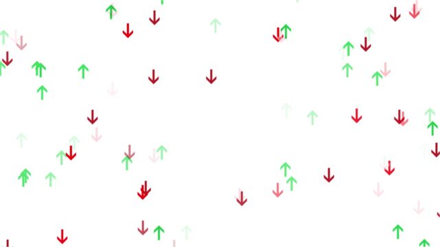 Red arrows moving downward and green arrows moving upward on clean background, symbolizing negative loss and positive growth in finance, market trends and business performance. Seamless looping.
