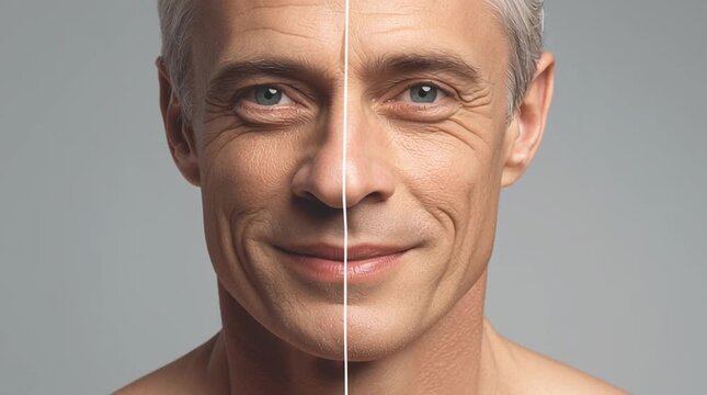 Age Defying Transformation: A close-up split portrait showcases the remarkable transformation of a mature man's face, highlighting the effect of skincare treatment. Reveals a youthful radiance.