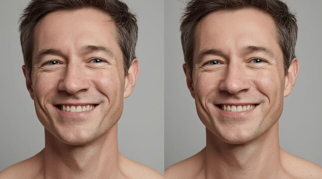 Two Smiling Faces: A captivating portrait of a man, split in two, each displaying a genuine smile, exploring themes of joy and contentment.