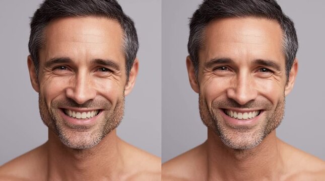 Elegant Smile Portrait: A striking portrait showcases a middle-aged man with a confident grin and captivating eyes. The perfect blend of maturity and warmth, his appearance embodies a genuine smile.