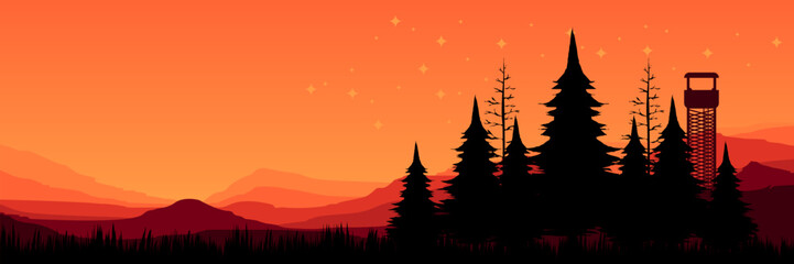 Obraz premium Atmospheric warm red woodland horizon at nightfall for summer camp stargazing invitation design