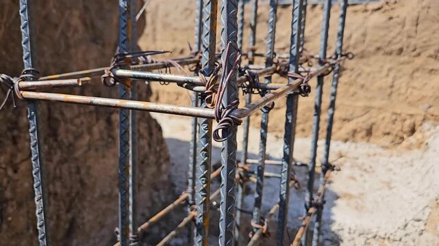 Close-up of steel reinforcement bars with wire ties on a construction site