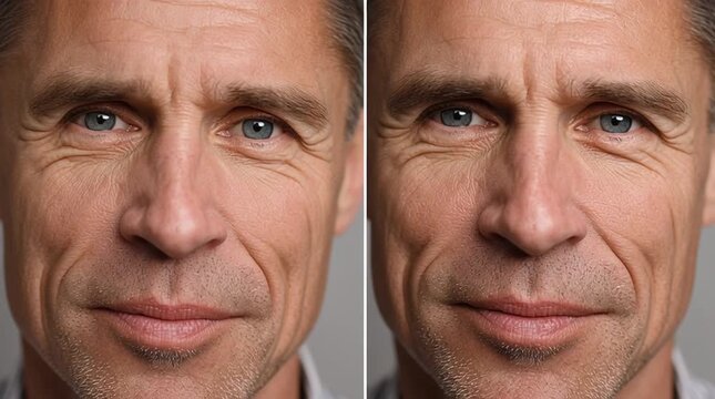 Aging with Grace: A close-up side-by-side comparison captures the passage of time on a mature individual's face, highlighting the natural beauty and character earned through the years. 