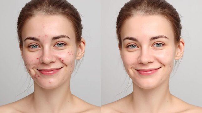 Flawless Transformation: A split image showing a woman's facial skin before and after dermatological enhancement. It showcases a striking transformation of the skin complexion
