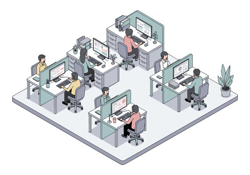 Isometric view of a modern call center with employees working at their desks