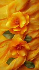Obraz premium Luminous Golden Flowers with Delicate Petals and Green Foliage Artistically Arranged on Backdrop of Luxurious, Textured Yellow Silk Fabric, Evoking Sense of Warmth and Natural Elegance