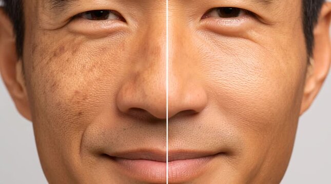 Skin Transformation: A split-face portrait showcases the impact of skincare, revealing the before-and-after results, emphasizing improved complexion and youthful radiance.
