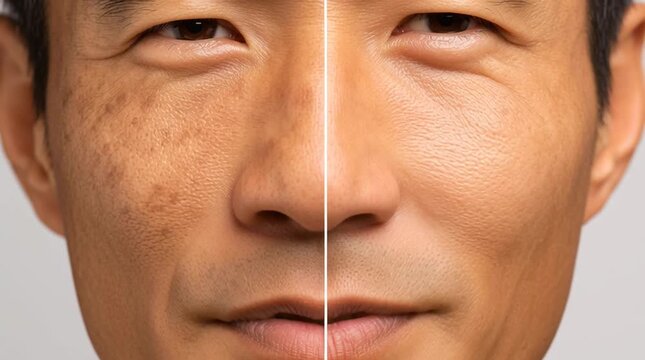 Skin Transformation: A split image of a person's face showcases the dramatic impact of skin enhancement, with one side of the face displaying imperfections.