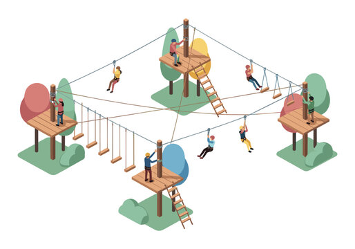 Isometric adventure park with people zip-lining and crossing rope bridges