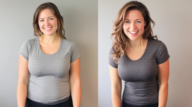 Transformation Journey: A before-and-after image of a woman, showcasing the results of dedication to achieving a healthy lifestyle.