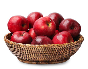 Fresh red apples in wicker basket isolated on white