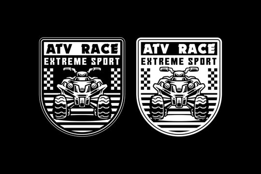 ATV Race Extreme Sport Vintage Logo Badge Vector Design. Mud Bike ,Quad Bike Sport with Checkered Flags for Motorsport