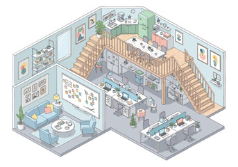 Cozy isometric office space with a mezzanine, kitchen, and lounge area