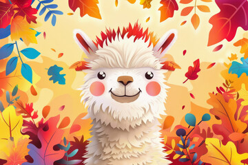 Fototapeta premium Happy Alpaca Smiling Brightly As It Welcomes Visitors To Colorful Autumn Festival Environment