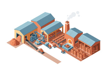 Fototapeta premium Isometric brick factory with conveyor belts, kilns, and forklifts producing construction materials
