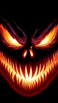 Four identical monstrous faces are shown with glowing orange eyes and wide mouths full of sharp, fiery teeth