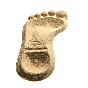 Sand footprint impression, light beige, with detailed arch and toe shapes, isolated on a bright white background