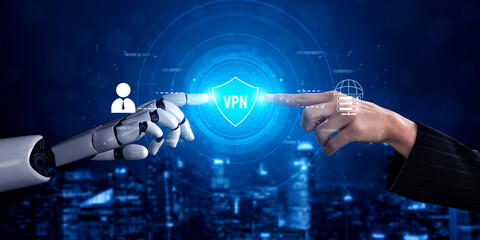 Fototapeta premium AI improves VPN by monitoring traffic, detecting risks, encrypting sessions, and optimizing routing to ensure private, secure, and efficient network access. Vouch