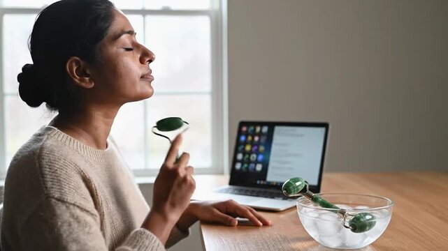 South Asian woman uses jade roller on her face while sitting at a wooden table with a laptop and bowl of ice nearby
