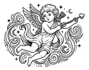 Naklejka premium Engraving illustration of cherub angel with bow and arrow depicting celestial messenger for romantic and decorative design