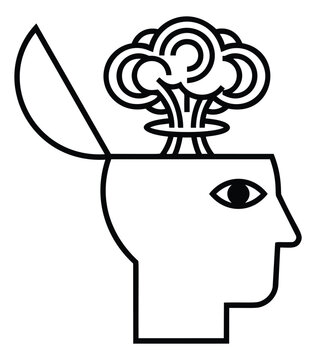 Outline illustration of human head with open brain and exploding thoughts depicting mental processes for psychology design