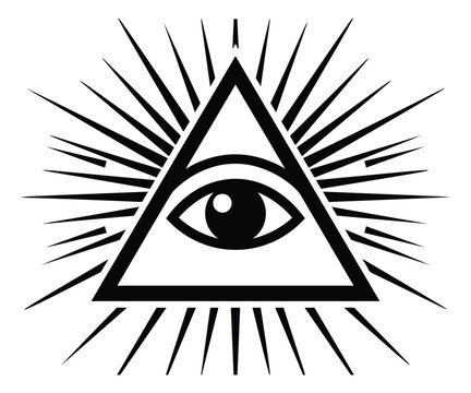 Bold line art illustration of all seeing eye in triangle depicting illuminati symbol with radiating rays for mystical design