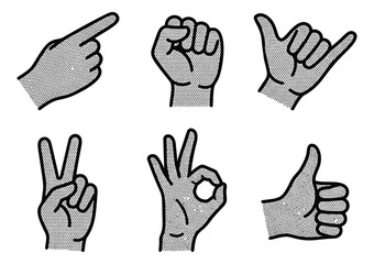 Obraz premium Engraving icon set of 6 hand gestures featuring pointing, fist and peace signs for communication design
