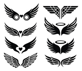 Obraz premium Silhouette icon set of 8 angel wing designs featuring hearts and halos for religious and spiritual branding