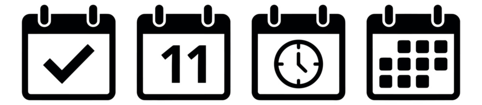 Outline icon set of 4 calendar symbols featuring checkmark, date, clock and grid for scheduling and time management