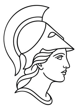 Line art illustration of ancient Greek warrior helmet depicting classical Athena profile for historical design
