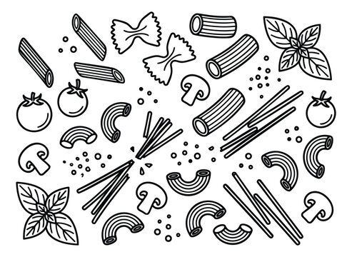 Outline icon set featuring pasta ingredients and Italian cooking elements for culinary and restaurant design