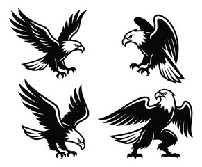 Naklejka premium Silhouette icon set of 4 eagles featuring powerful poses and spread wings for heraldic and emblem design