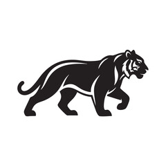 Obraz premium A black silhouette illustration of a tiger walking forward in profile.