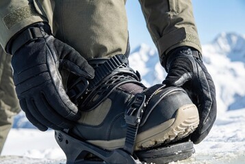 Snowboarder in winter gear strapping black boot into snowboard binding on snowy mountain