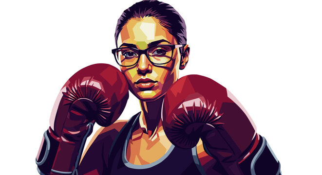 Female boxer with glasses wearing red gloves in dynamic pose  