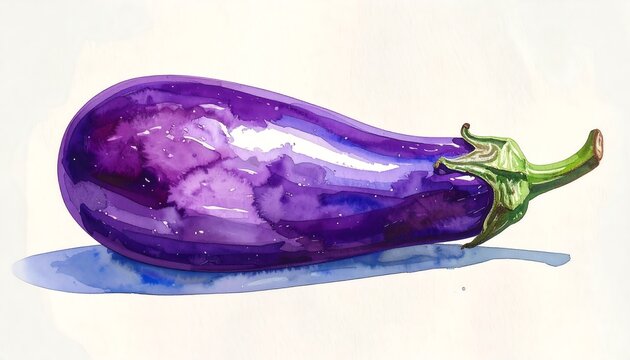 Fresh purple eggplant vegetable isolated on minimal white background watercolor painting illustration