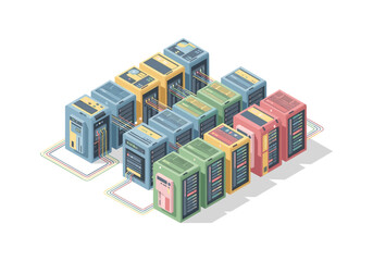 Isometric server rack cluster with colorful cables and data connections