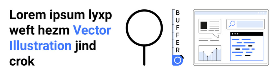 Search engine research, data analysis, content management, information hierarchy, digital marketing, productivity tools. A magnifying glass, text layout and interface elements. Search engine © robu_s