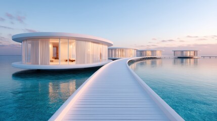 Fototapeta premium Modern circular overwater villas connected by a sleek white boardwalk, set against a serene ocean and pastel sunset sky.