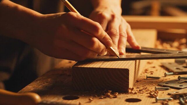 Skilled artisan marks precise measurements on wooden block using a square tool, surrounded by woodworking tools and shavings in a workshop