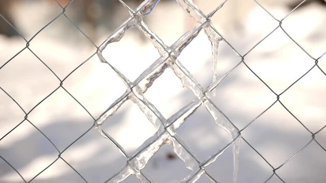 Frozen winter chain-link fence with icicles showing extreme cold temperature