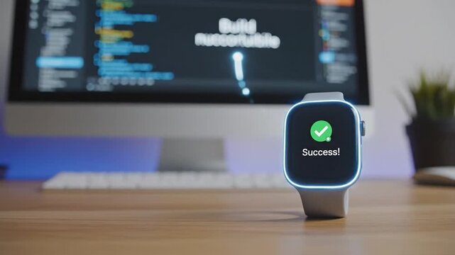 Smartwatch displays progress indicators on wooden desk with computer screen in background, showcasing technology interaction and feedback