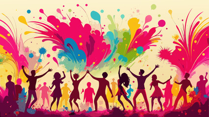 Vibrant group of people celebrating with colorful powder in an energetic setting