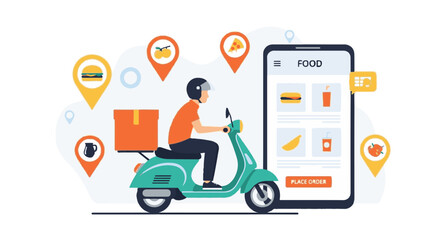 Food Delivery Service Vector Illustration with Scooter Rider, Smartphone App, and Location Pins for Online Order and Fast Shipping © Junaid