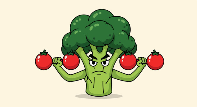 Strong Green Broccoli Character Lifting Red Tomato Dumbbells Vector Illustration for Healthy Eating and Fitness Concepts