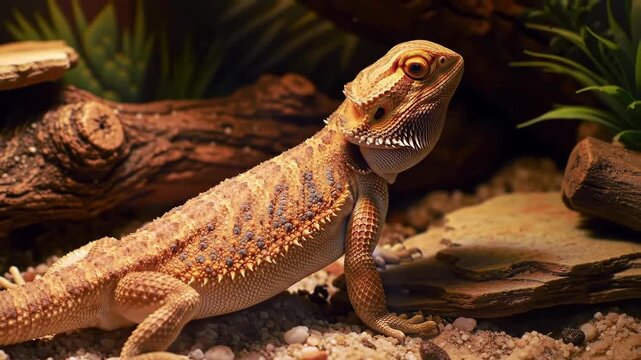 Close-up of a Bearded Dragon in its Enclosure.
